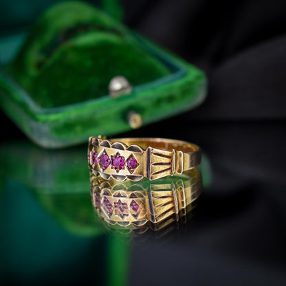 Antique Ruby Five Stone 15ct Gold Patterned Band Ring | Chester 1890