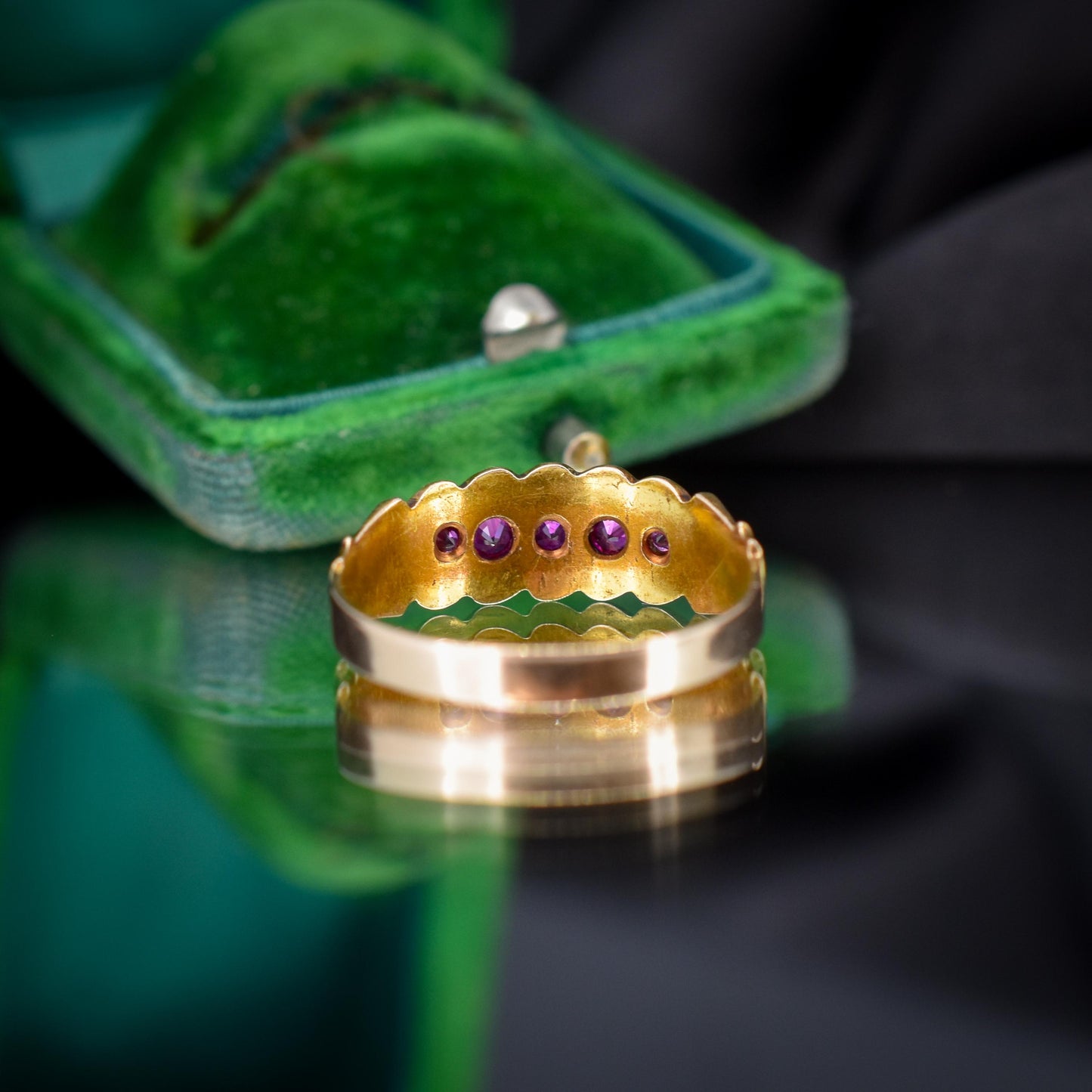Antique Ruby Five Stone 15ct Gold Patterned Band Ring | Chester 1890