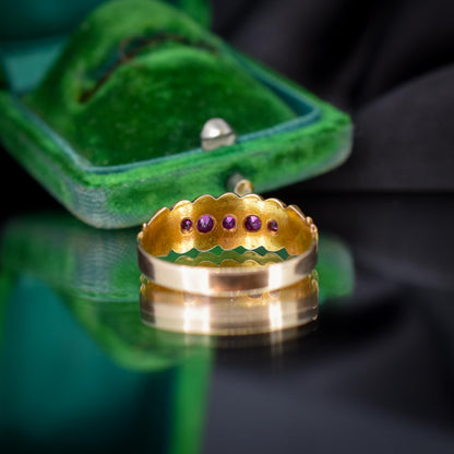 Antique Ruby Five Stone 15ct Gold Patterned Band Ring | Chester 1890