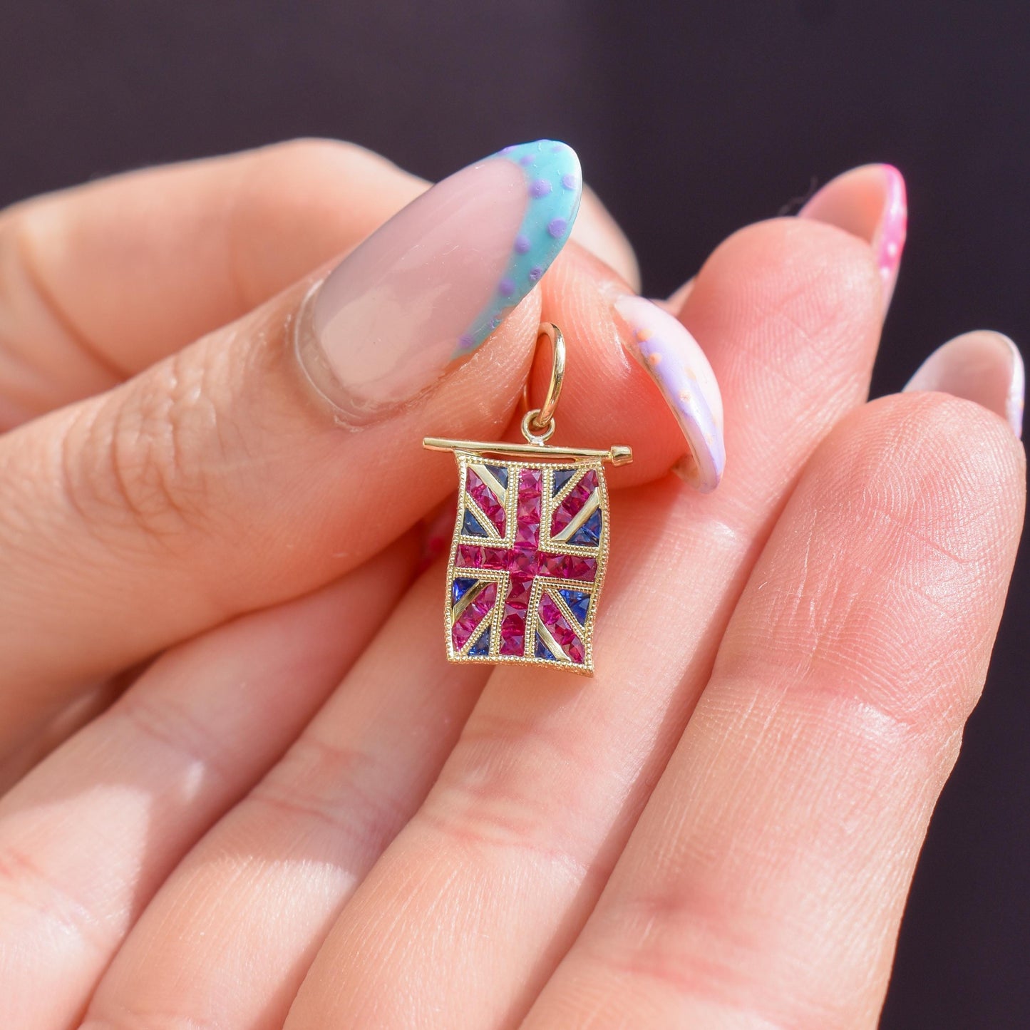 Ruby Sapphire 18ct Gold Union Jack UK GB Flag Charm Pendant