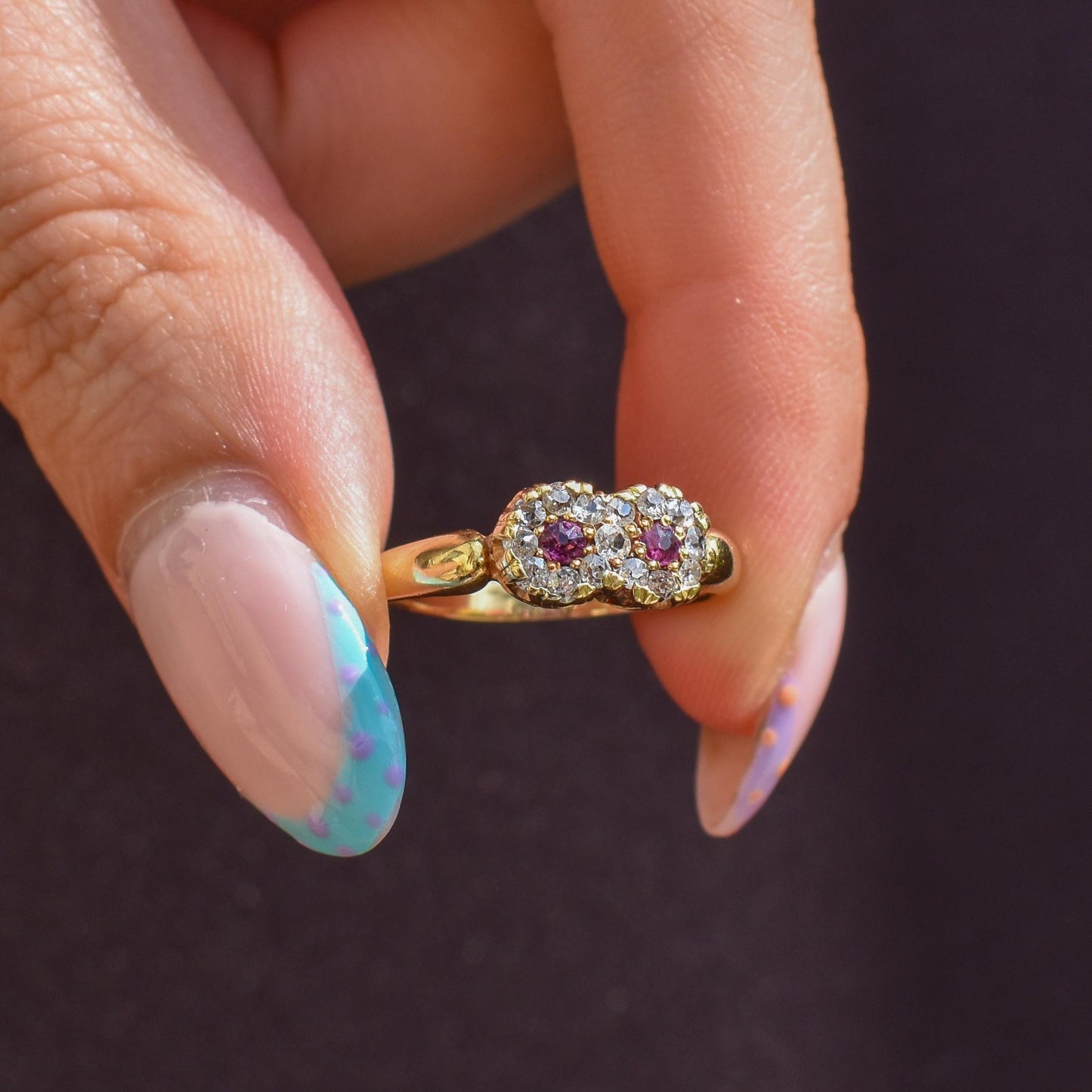 Antique Ruby and Diamond Double Cluster Infinity 18ct Yellow Gold Ring