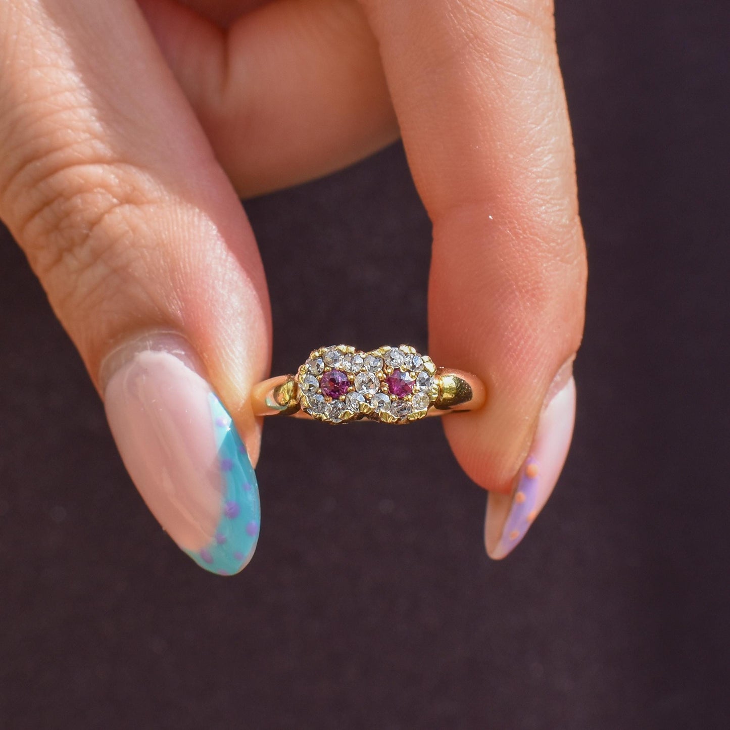 Antique Ruby and Diamond Double Cluster Infinity 18ct Yellow Gold Ring