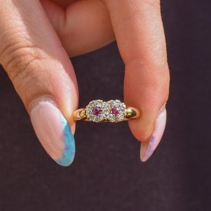 Antique Ruby and Diamond Double Cluster Infinity 18ct Yellow Gold Ring