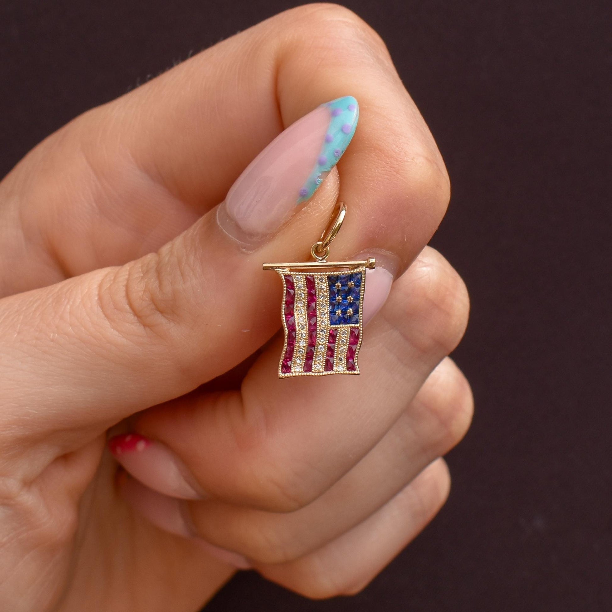 Diamond Ruby Sapphire American USA Flag 18ct Gold Charm Pendant