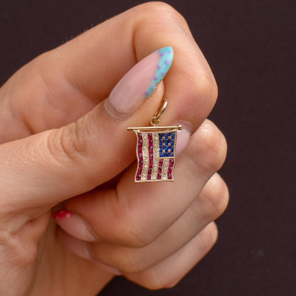Diamond Ruby Sapphire American USA Flag 18ct Gold Charm Pendant