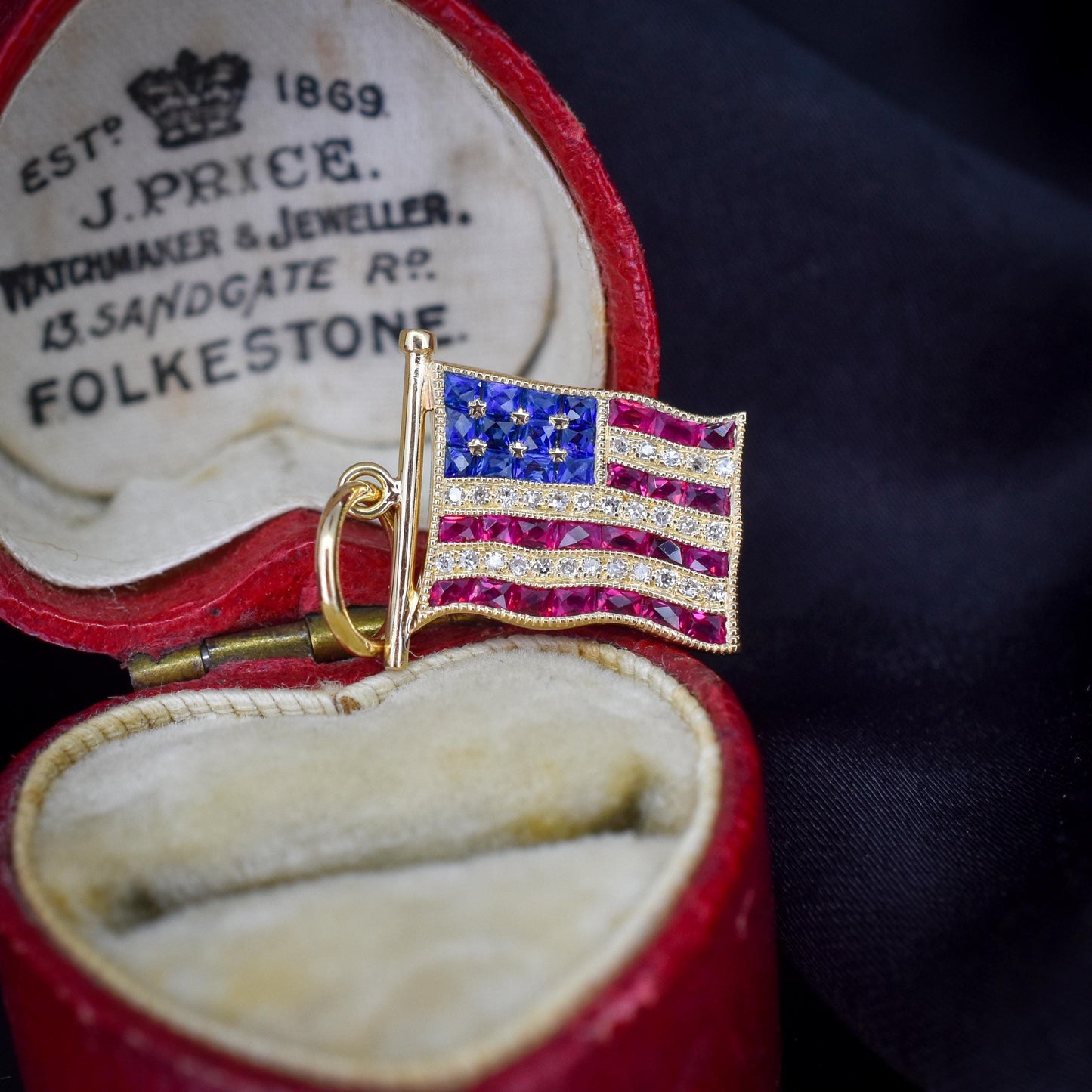 Diamond Ruby Sapphire American USA Flag 18ct Gold Charm Pendant