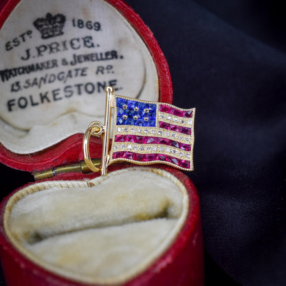 Diamond Ruby Sapphire American USA Flag 18ct Gold Charm Pendant