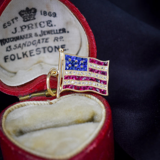 Diamond Ruby Sapphire American USA Flag 18ct Gold Charm Pendant