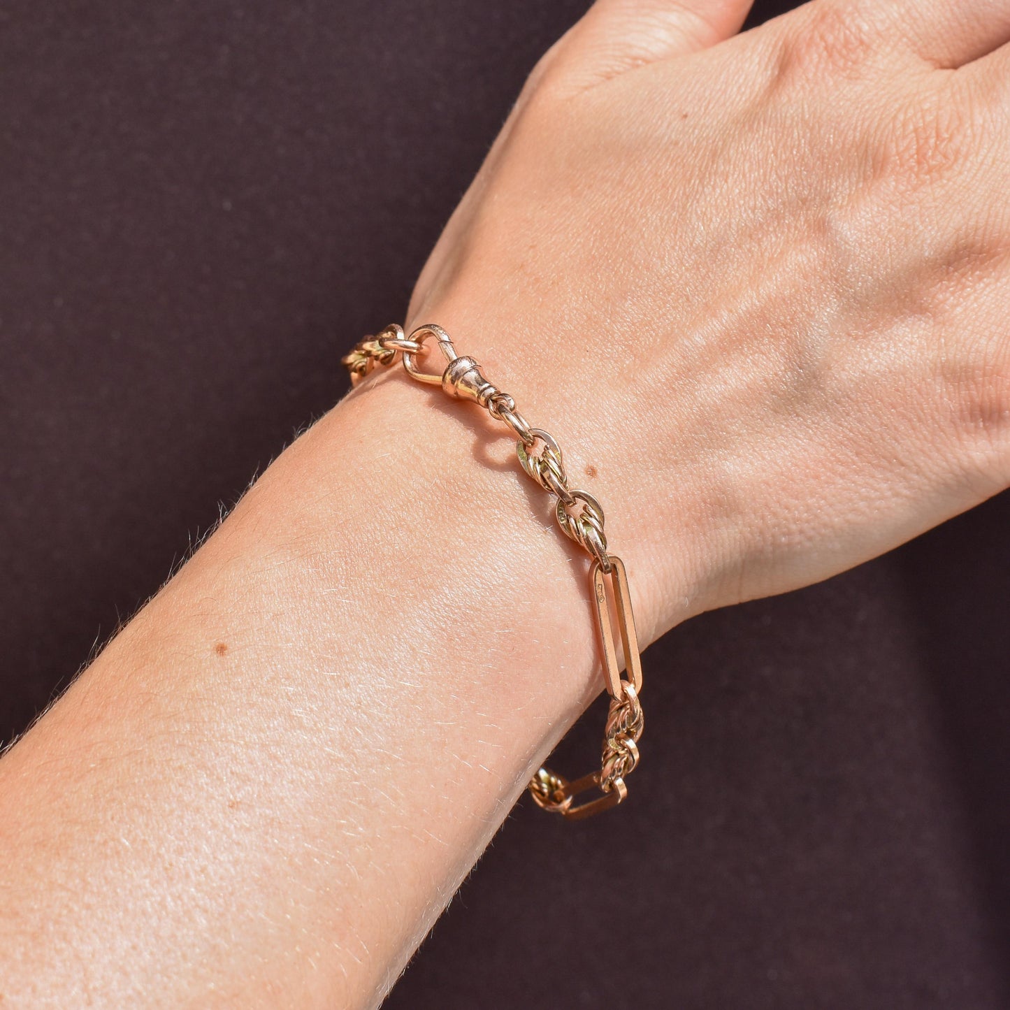 Antique Chester '1912' 9ct Gold Trombone and Love Knot Bracelet with Dog Clip | 7.75"