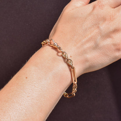 Antique Chester '1912' 9ct Gold Trombone and Love Knot Bracelet with Dog Clip | 7.75"