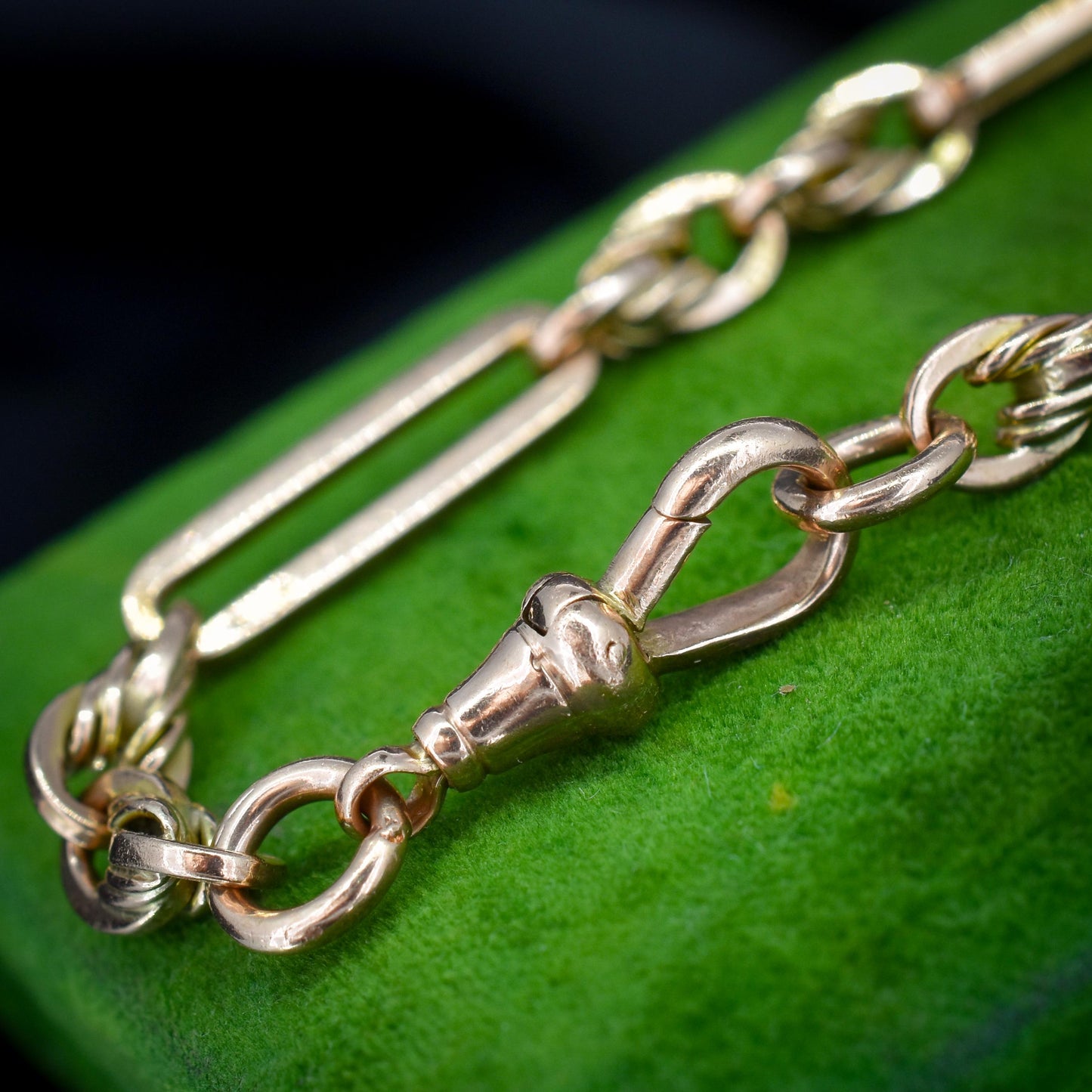 Antique Chester '1912' 9ct Gold Trombone and Love Knot Bracelet with Dog Clip | 7.75"