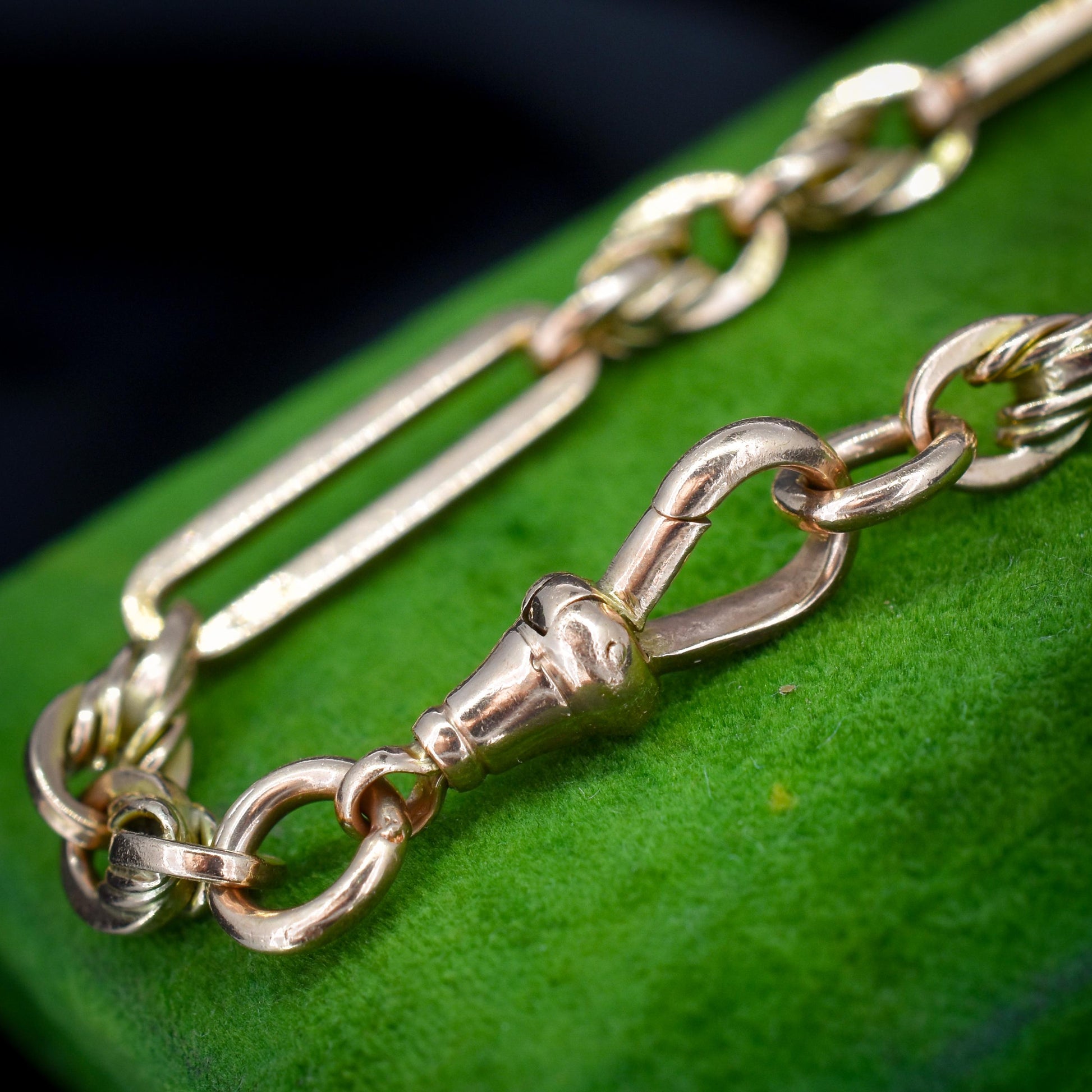Antique Chester '1912' 9ct Gold Trombone and Love Knot Bracelet with Dog Clip | 7.75"
