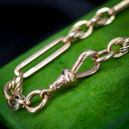 Antique Chester '1912' 9ct Gold Trombone and Love Knot Bracelet with Dog Clip | 7.75"