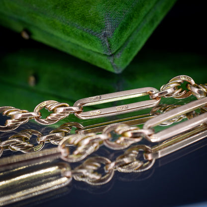 Antique Chester '1912' 9ct Gold Trombone and Love Knot Bracelet with Dog Clip | 7.75"