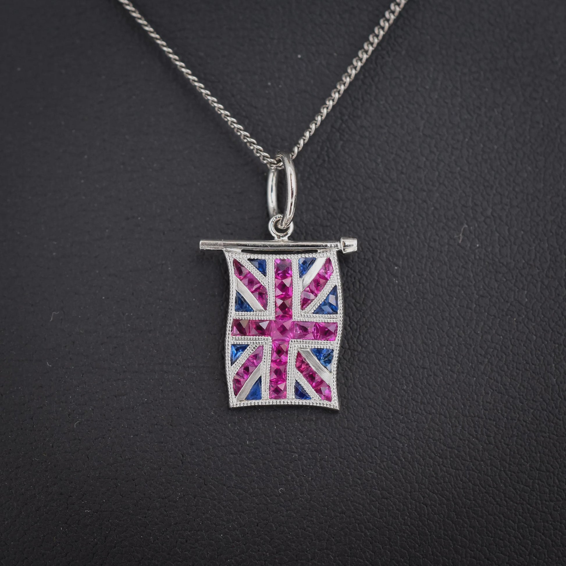 Ruby Sapphire Platinum Union Jack UK GB Flag Charm Pendant