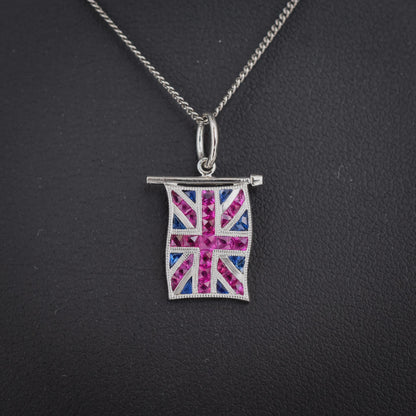 Ruby Sapphire Platinum Union Jack UK GB Flag Charm Pendant
