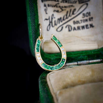 Emerald and Diamond Horseshoe 18ct Gold Charm Pendant