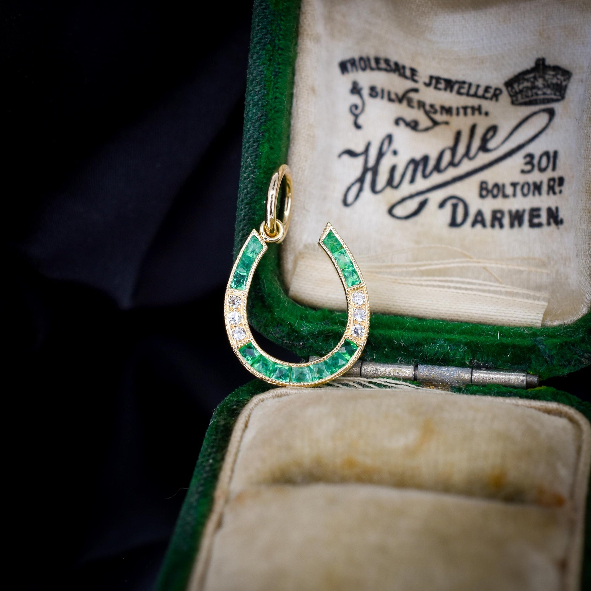 Emerald and Diamond Horseshoe 18ct Gold Charm Pendant