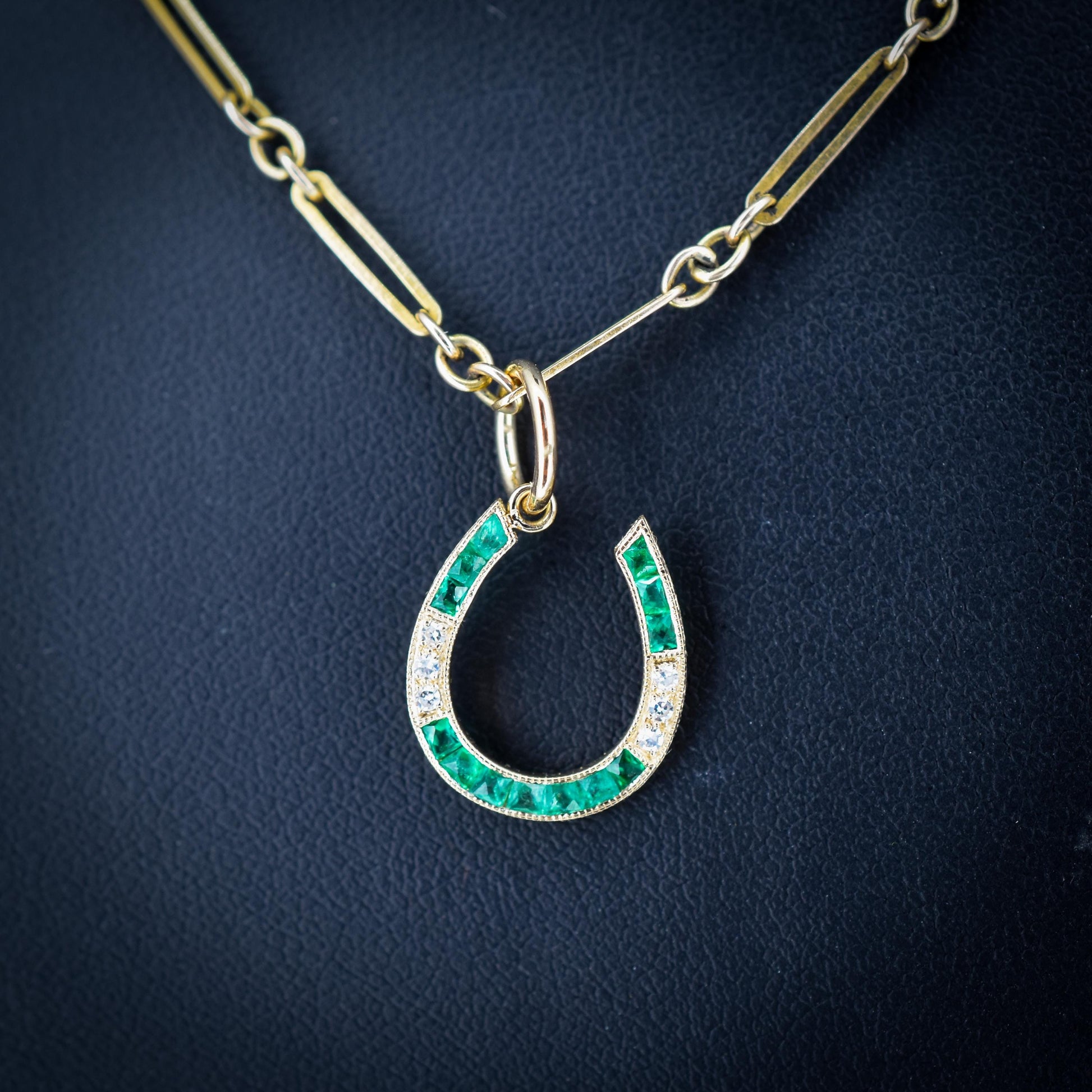 Emerald and Diamond Horseshoe 18ct Gold Charm Pendant