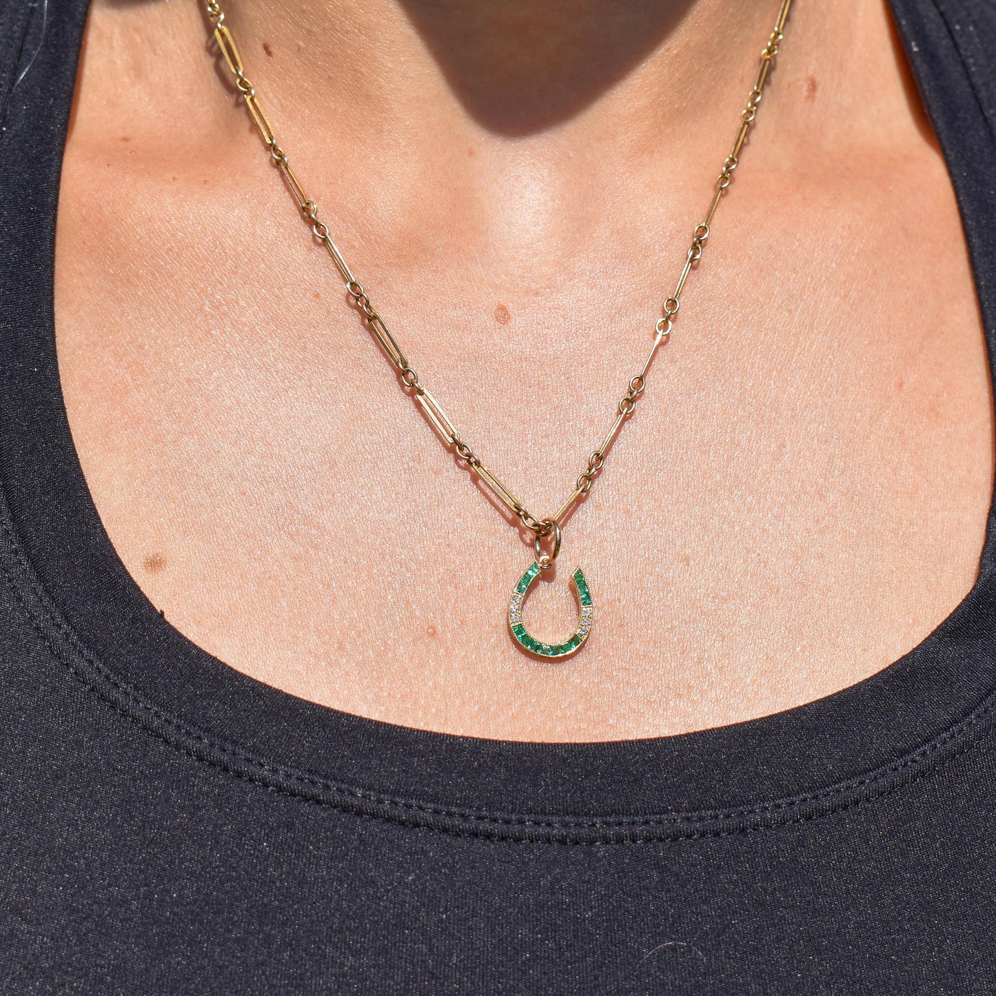 Emerald and Diamond Horseshoe 18ct Gold Charm Pendant