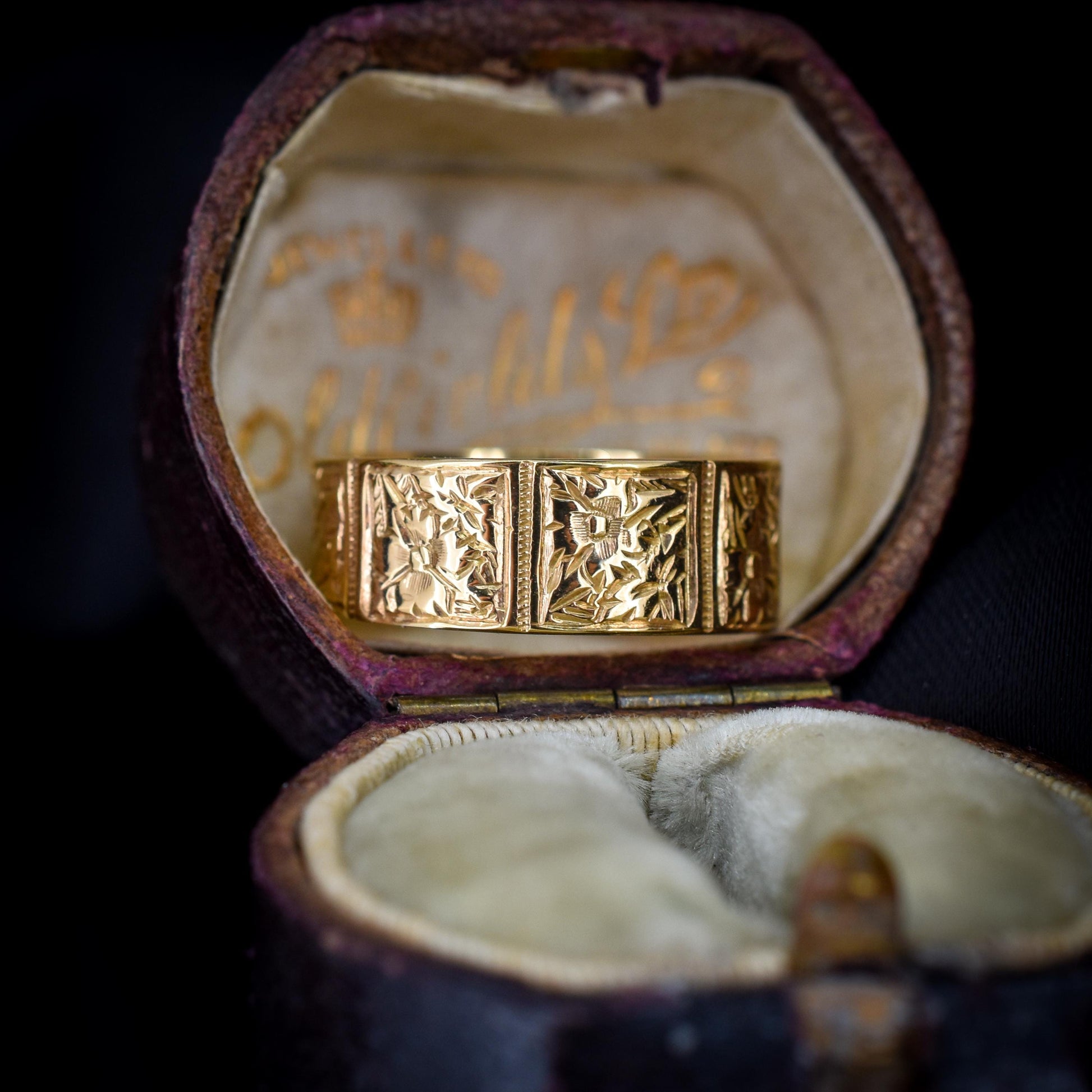 Antique Victorian 9ct Gold Fancy Patterned Wedding Cigar Band Ring | Dated 1889