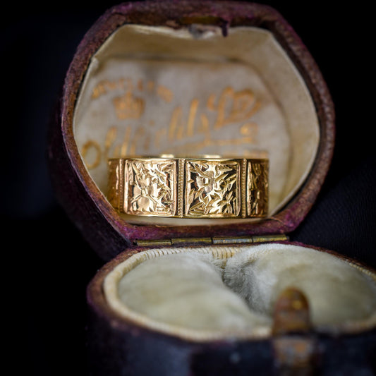 Antique Victorian 9ct Gold Fancy Patterned Wedding Cigar Band Ring | Dated 1889