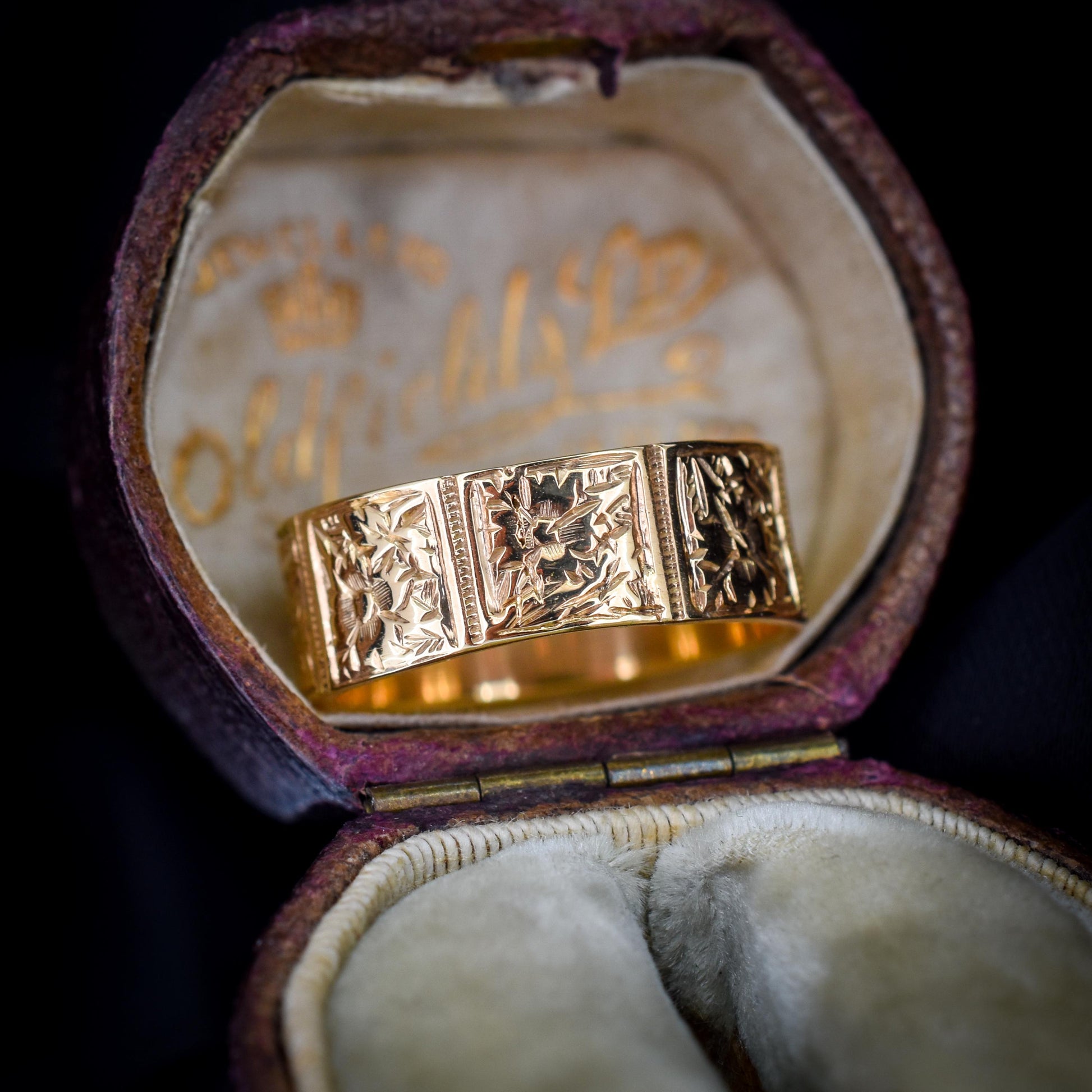 Antique Victorian 9ct Gold Fancy Patterned Wedding Cigar Band Ring | Dated 1889