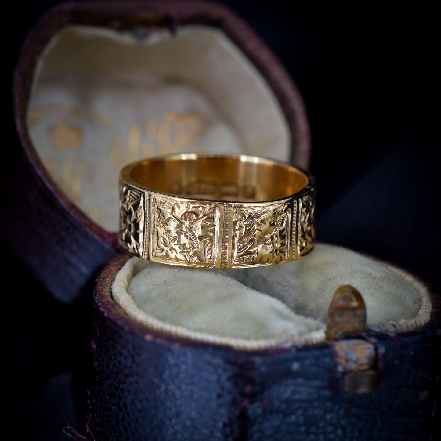 Antique Victorian 9ct Gold Fancy Patterned Wedding Cigar Band Ring | Dated 1889