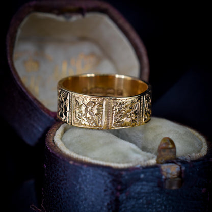 Antique Victorian 9ct Gold Fancy Patterned Wedding Cigar Band Ring | Dated 1889