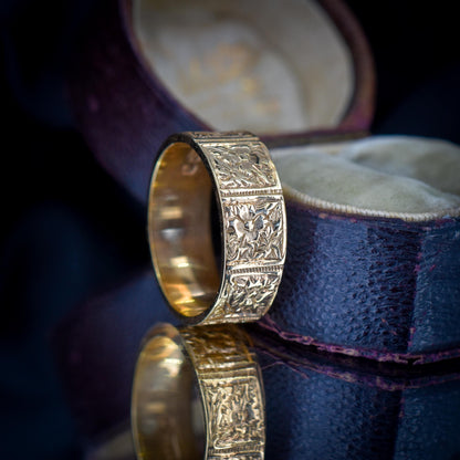 Antique Victorian 9ct Gold Fancy Patterned Wedding Cigar Band Ring | Dated 1889