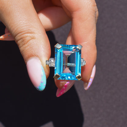 26ct Blue Topaz and Diamond Gold Statement Cocktail Ring | Art Deco Style