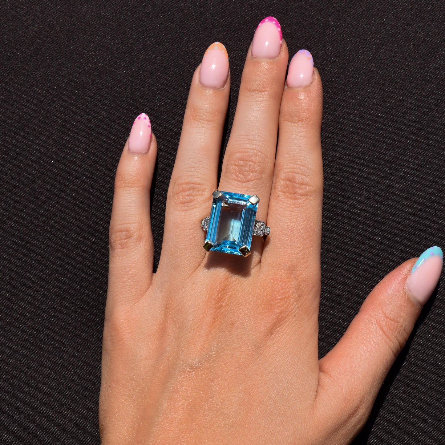 26ct Blue Topaz and Diamond Gold Statement Cocktail Ring | Art Deco Style