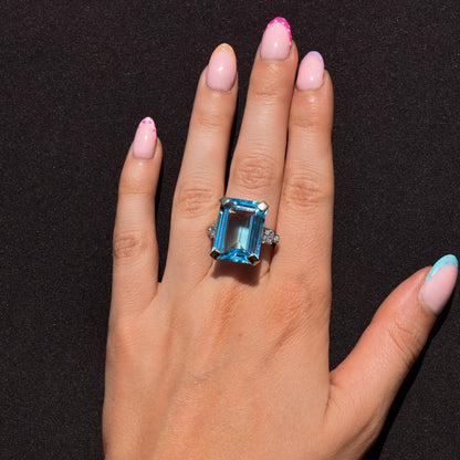 26ct Blue Topaz and Diamond Gold Statement Cocktail Ring | Art Deco Style