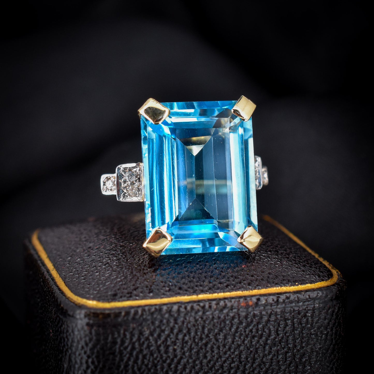 26ct Blue Topaz and Diamond Gold Statement Cocktail Ring | Art Deco Style