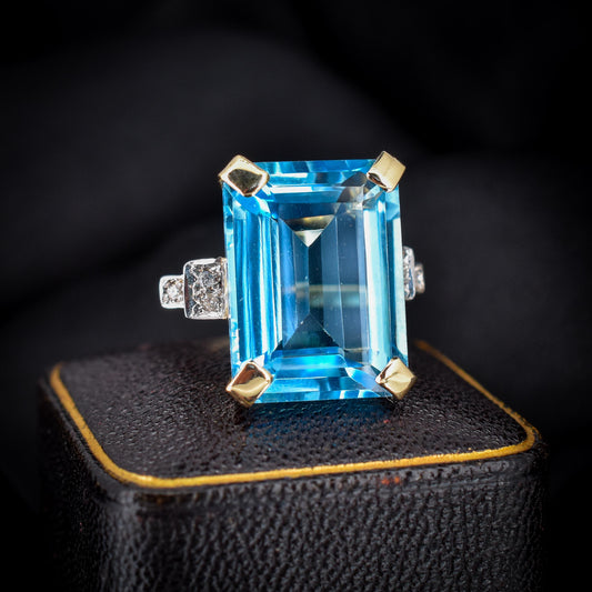 26ct Blue Topaz and Diamond Gold Statement Cocktail Ring | Art Deco Style