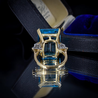 26ct Blue Topaz and Diamond Gold Statement Cocktail Ring | Art Deco Style