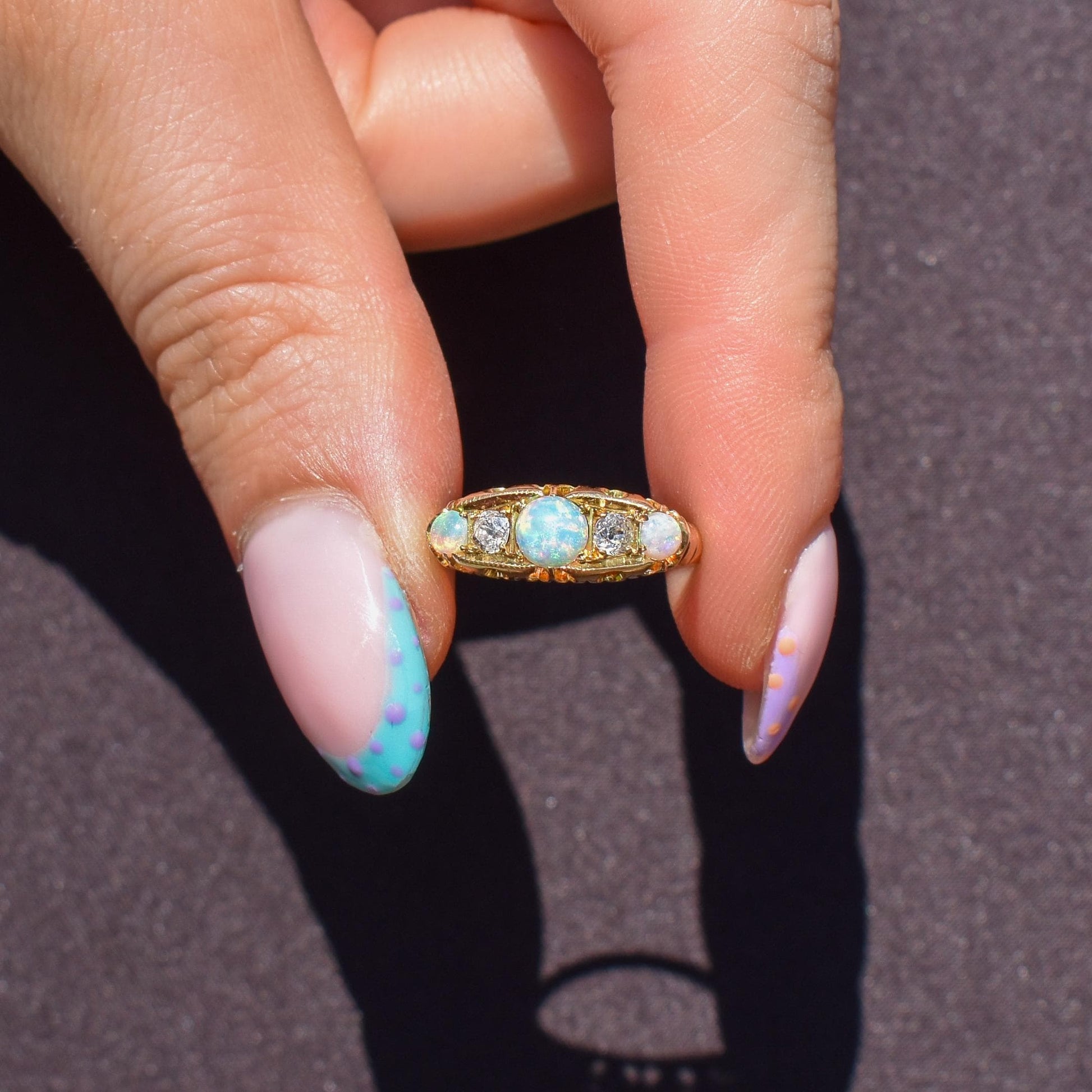 Antique Natural Opal and Diamond 18ct Gold Boat Ring | Birmingham 1906