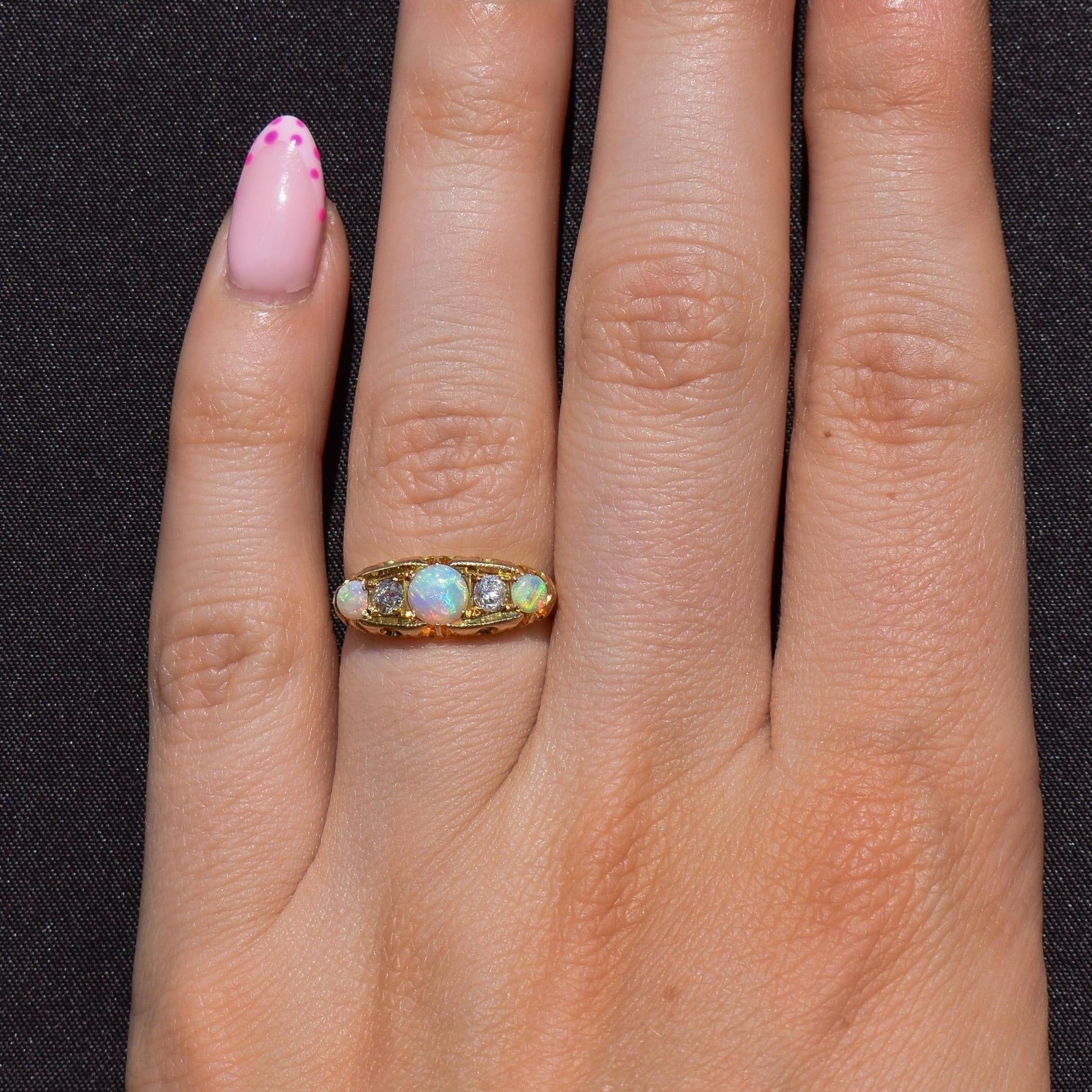 Antique Natural Opal and Diamond 18ct Gold Boat Ring | Birmingham 1906