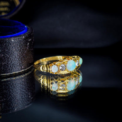 Antique Natural Opal and Diamond 18ct Gold Boat Ring | Birmingham 1906