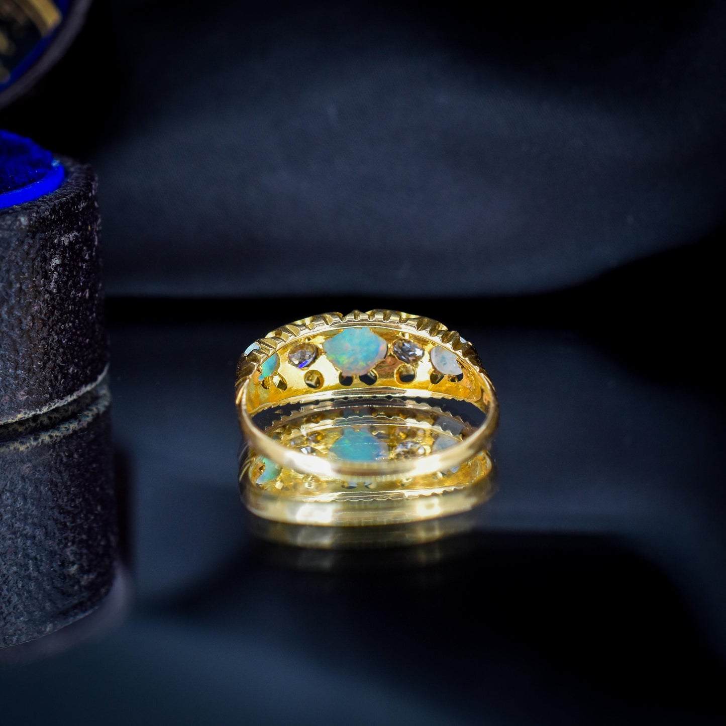 Antique Natural Opal and Diamond 18ct Gold Boat Ring | Birmingham 1906