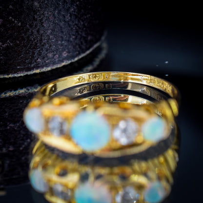Antique Natural Opal and Diamond 18ct Gold Boat Ring | Birmingham 1906