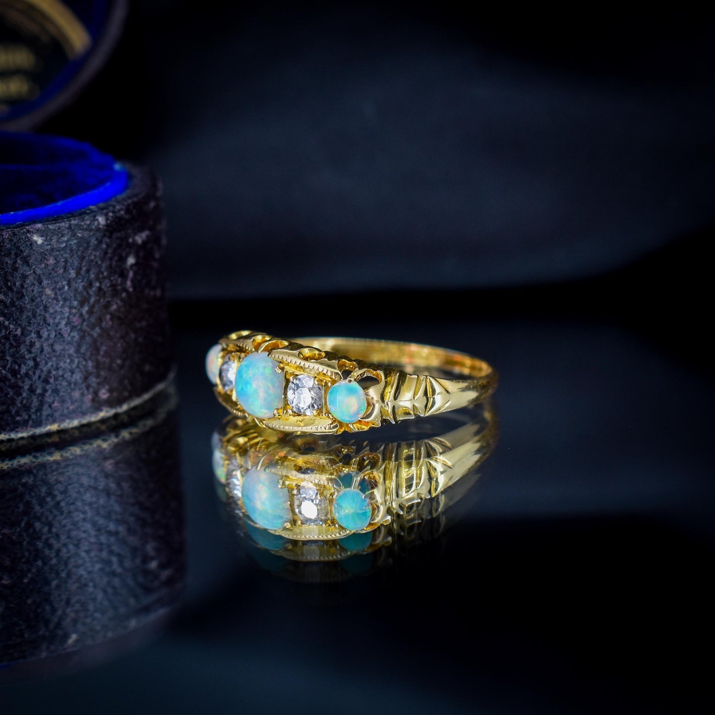 Antique Natural Opal and Diamond 18ct Gold Boat Ring | Birmingham 1906
