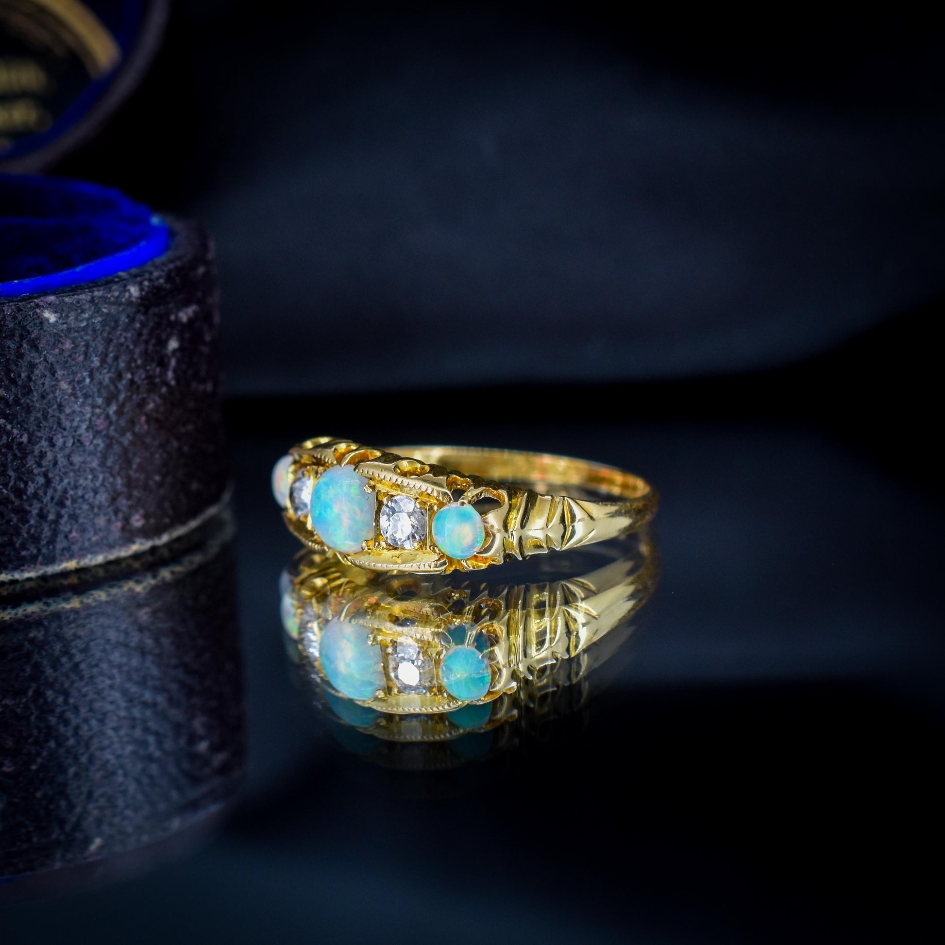 Antique Natural Opal and Diamond 18ct Gold Boat Ring | Birmingham 1906