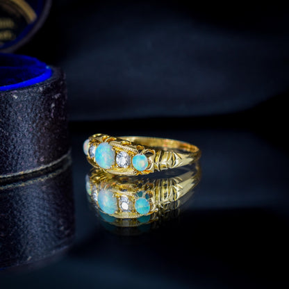 Antique Natural Opal and Diamond 18ct Gold Boat Ring | Birmingham 1906