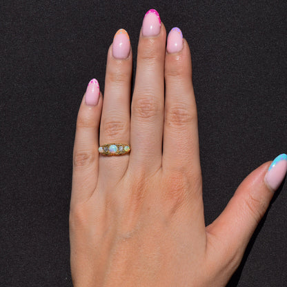 Antique Natural Opal and Diamond 18ct Gold Boat Ring | Birmingham 1906