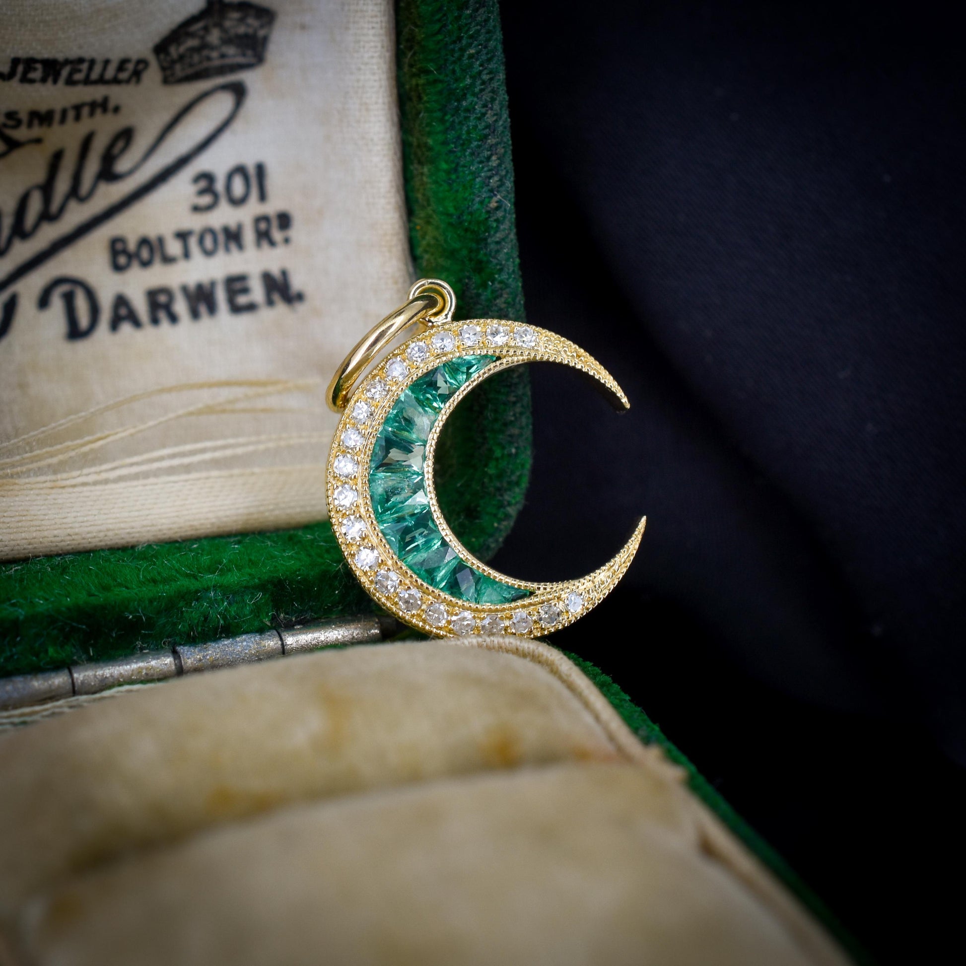Antique Style Diamond and Emerald Crescent Moon 18ct Yellow Gold Pendant