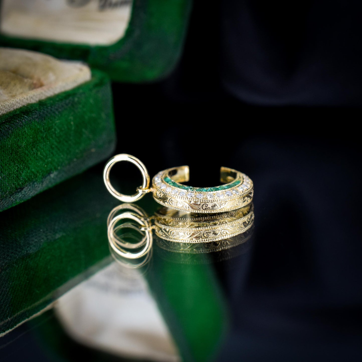 Antique Style Diamond and Emerald Crescent Moon 18ct Yellow Gold Pendant