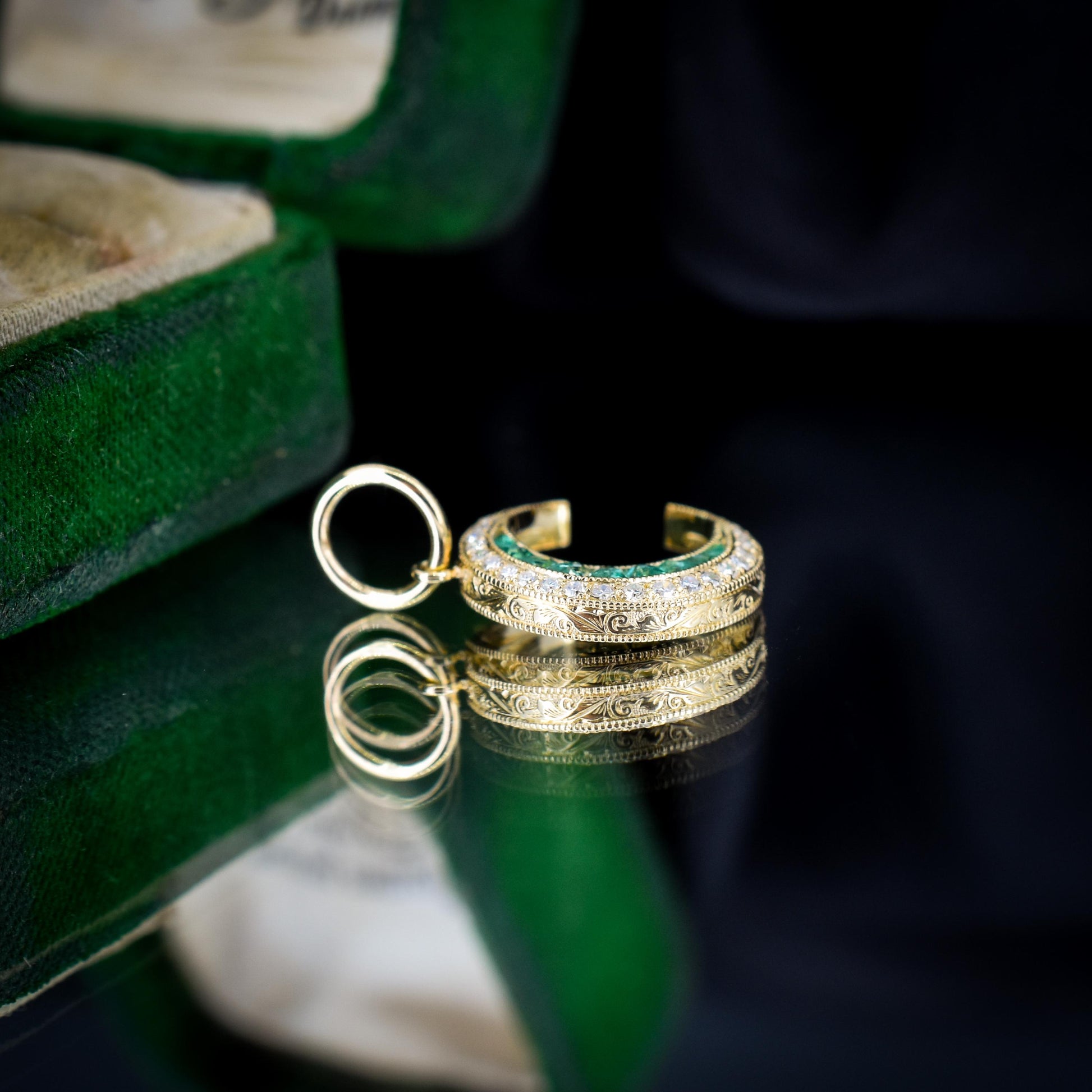 Antique Style Diamond and Emerald Crescent Moon 18ct Yellow Gold Pendant