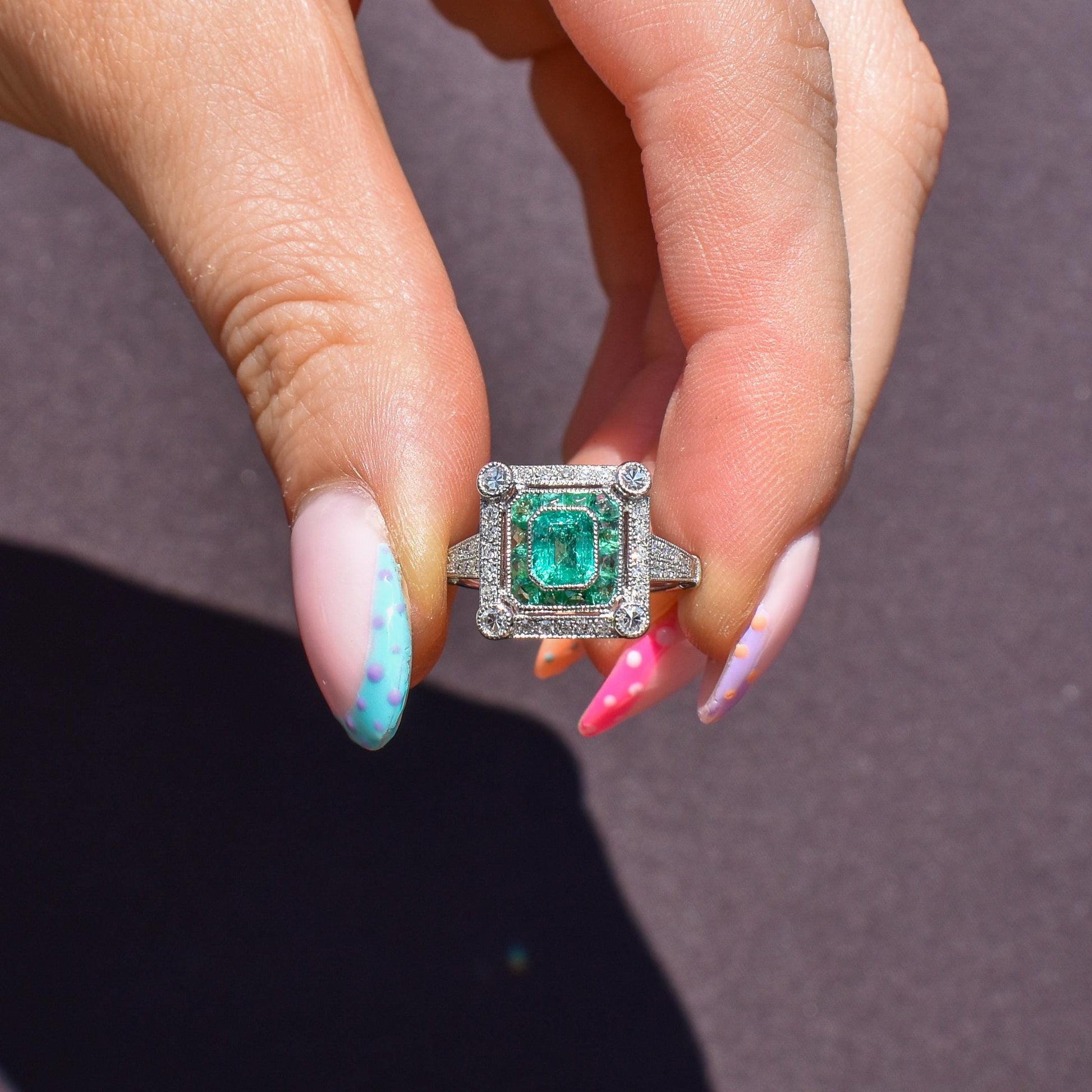 Art Deco Style Natural Emerald and Diamond Platinum Cocktail Ring