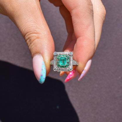 Art Deco Style Natural Emerald and Diamond Platinum Cocktail Ring